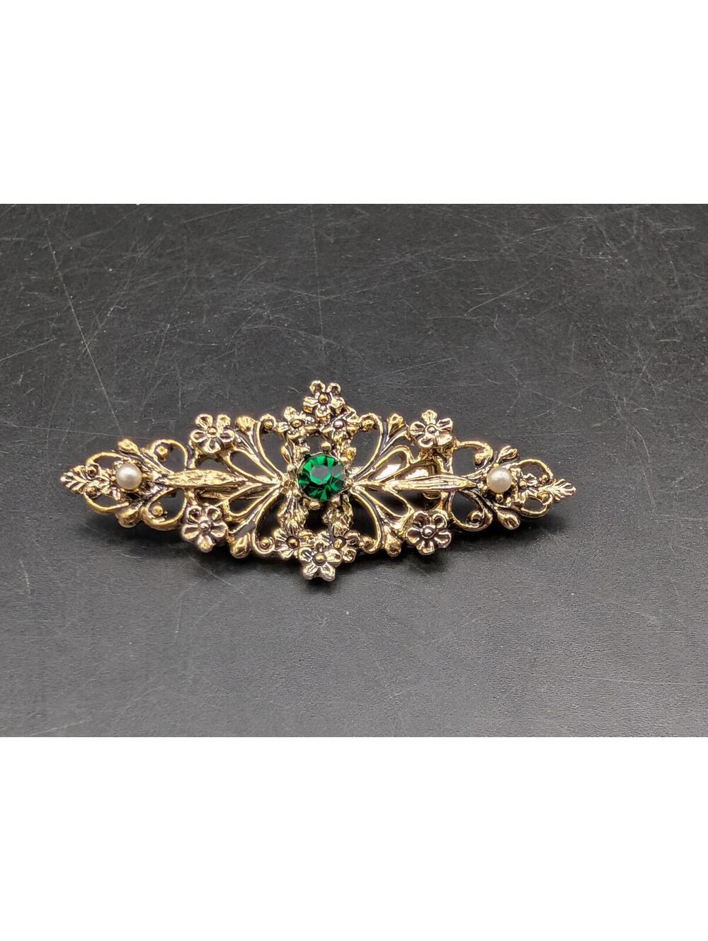Vintage Gerrys Emerald Green Rhinestone Faux Pearl Bar Brooch Ornate Gold Tone